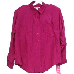 NEW 90s VTG Silk Shirt Pink Button up Womens sz 12 Long Sleeve Shoulder Pads